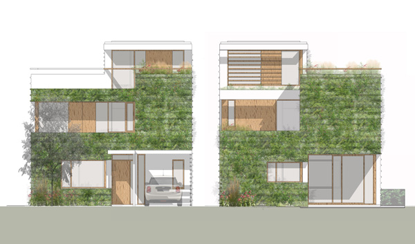Garden and street elevations showing green walls