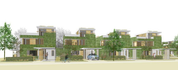External view of row of houses with green walls