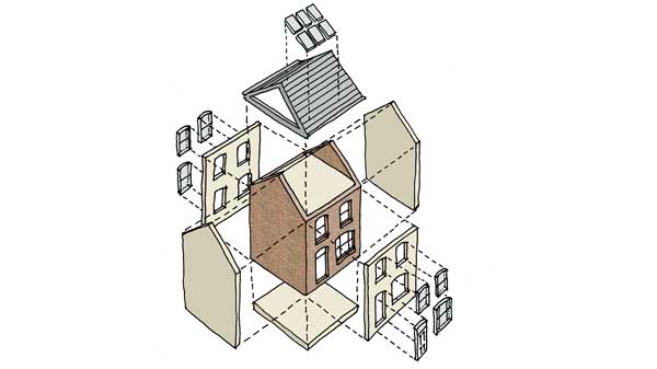 Exploded isometric sketch of external construction of a typical house