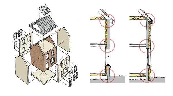 Two sketches with exploded isometric of insulated external elements and wall sections