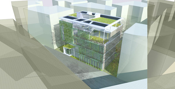 Aerial view of the Supergreen Workplace showing the green roof and green walls