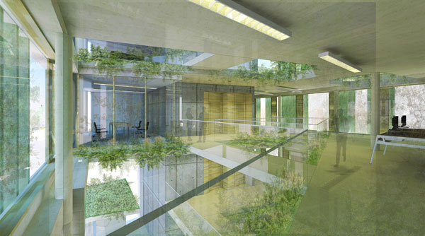 Interior view of the Supergreen Workplace showing the planting and green walls